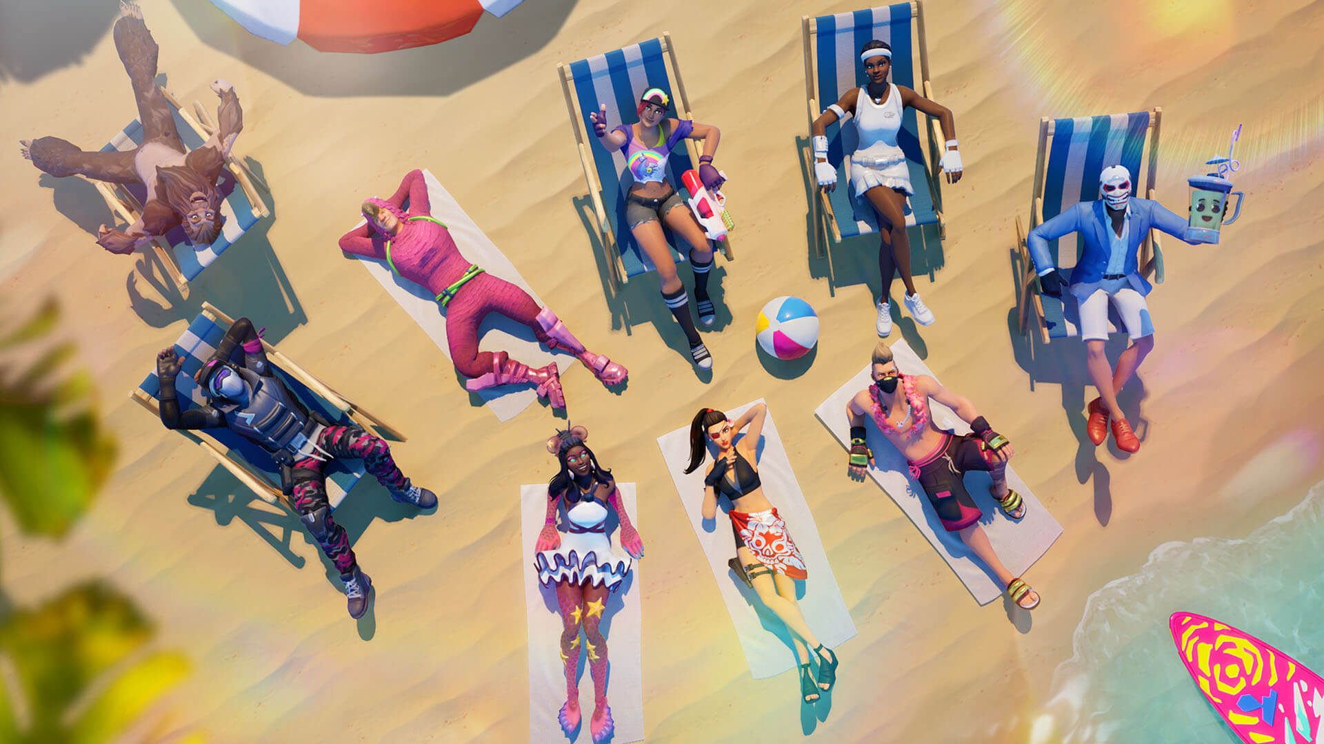 Fortnite charecters sitting around a beach