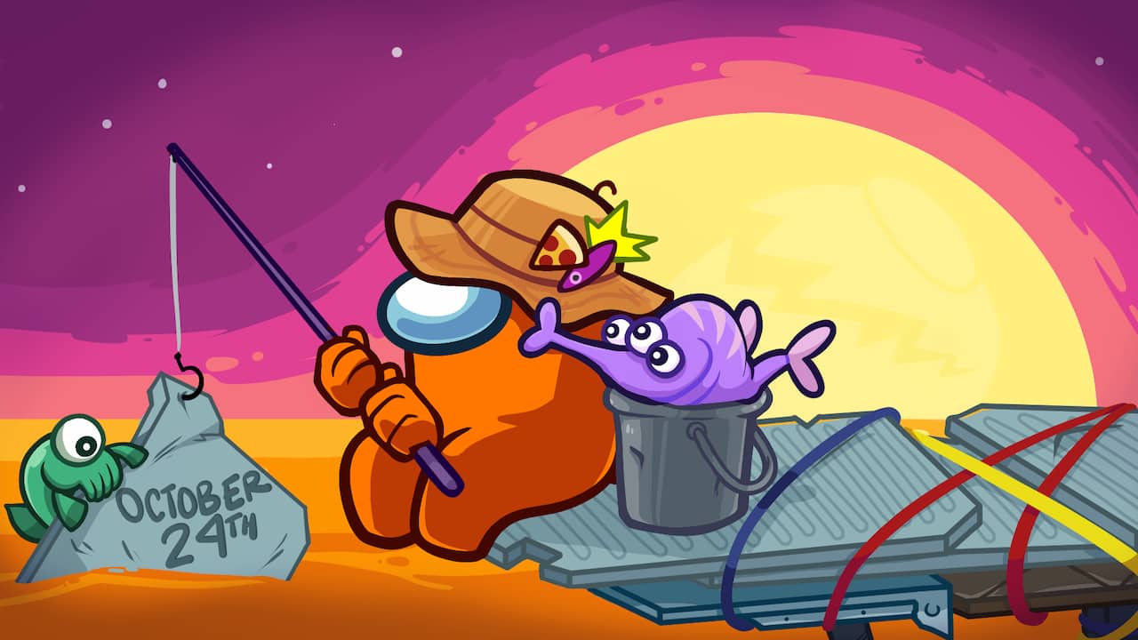 Screenshot of The Fungle's release date announcement for Among Us showing a cremate who has hooked a rock on a fishing pole.