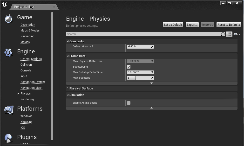 Physics Settings in the Unreal Engine Project Settings