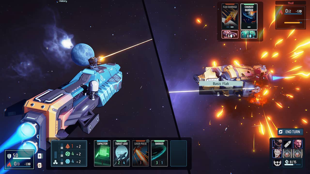 Une capture d'écran de Breachway montrant le vaisseau spatial d'un joueur détruisant un vaisseau ennemi avec un rayon laser.