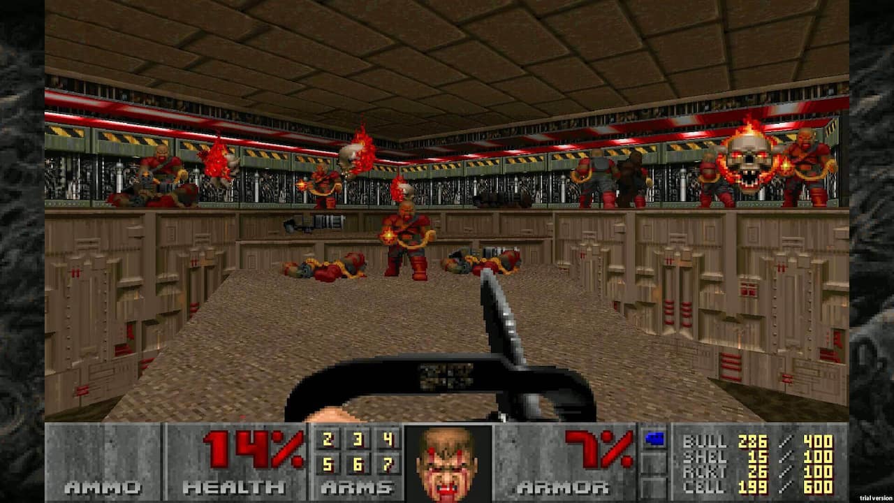 Screenshot from Doom II showing the player bearing down on enemies wielding the game's iconic chainsaw.