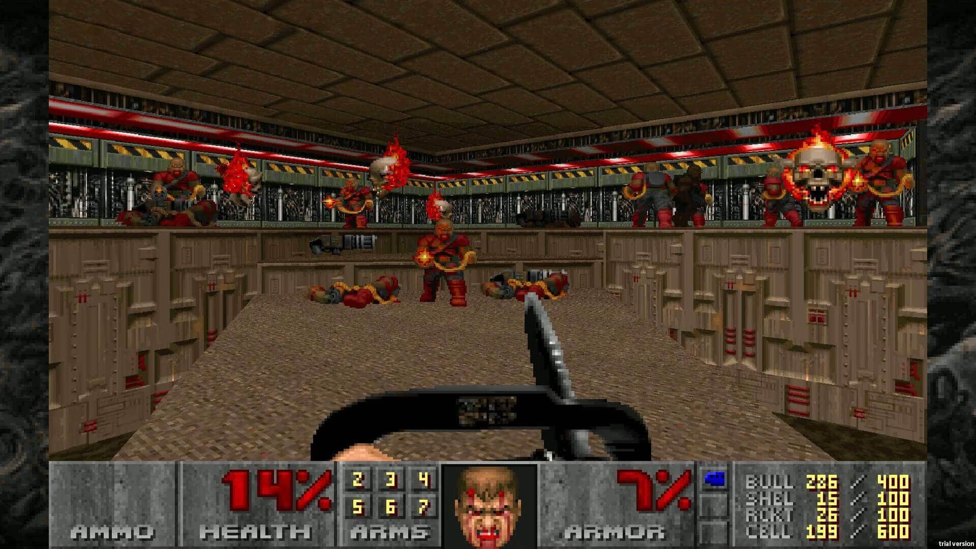 Screenshot from Doom II showing the player bearing down on enemies wielding the game's iconic chainsaw.