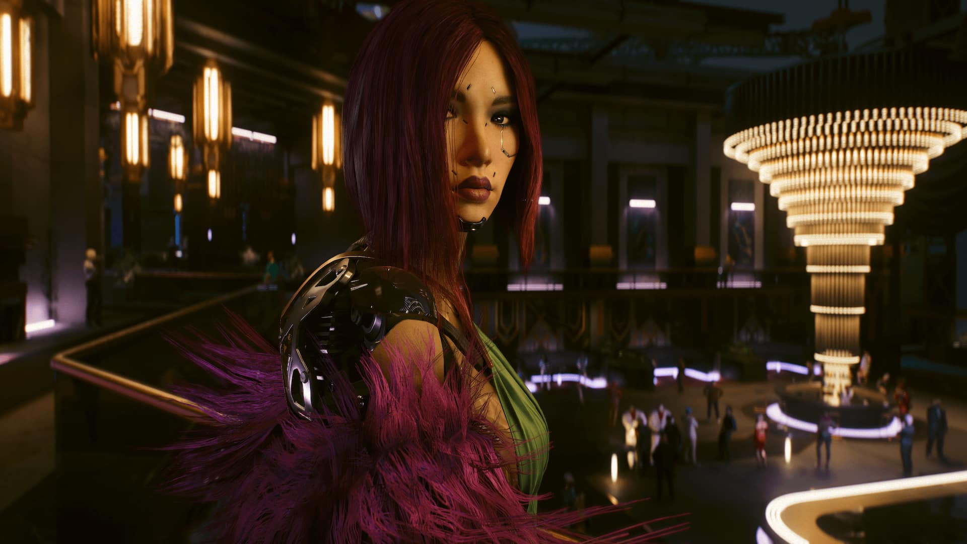A screenshot of the new Cyberpunk 2077 expansion Phantom Liberty showing a woman in a theater