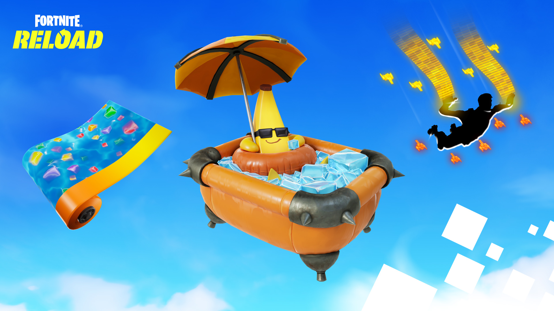 Fortnite Pool Cubes Wrap, NaNa Bath Back Bling, and Digital Dogfight Contrail