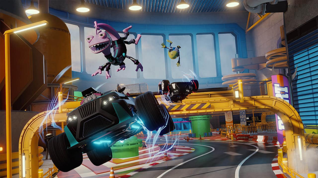 Randall Boggs from Monsters, Inc. being ejected from his kart during a Disney Speedstorm race.
