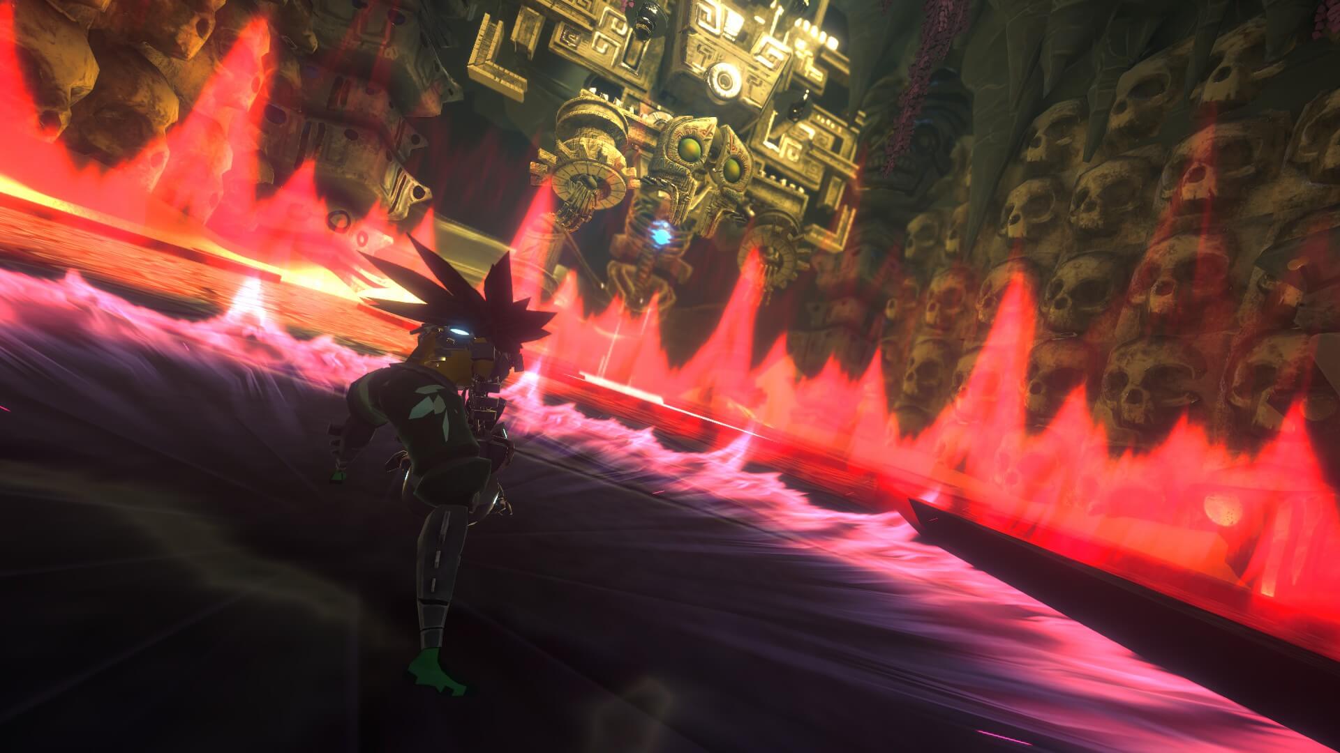 Achtli facing a gigantic creature whose emerging from lava.