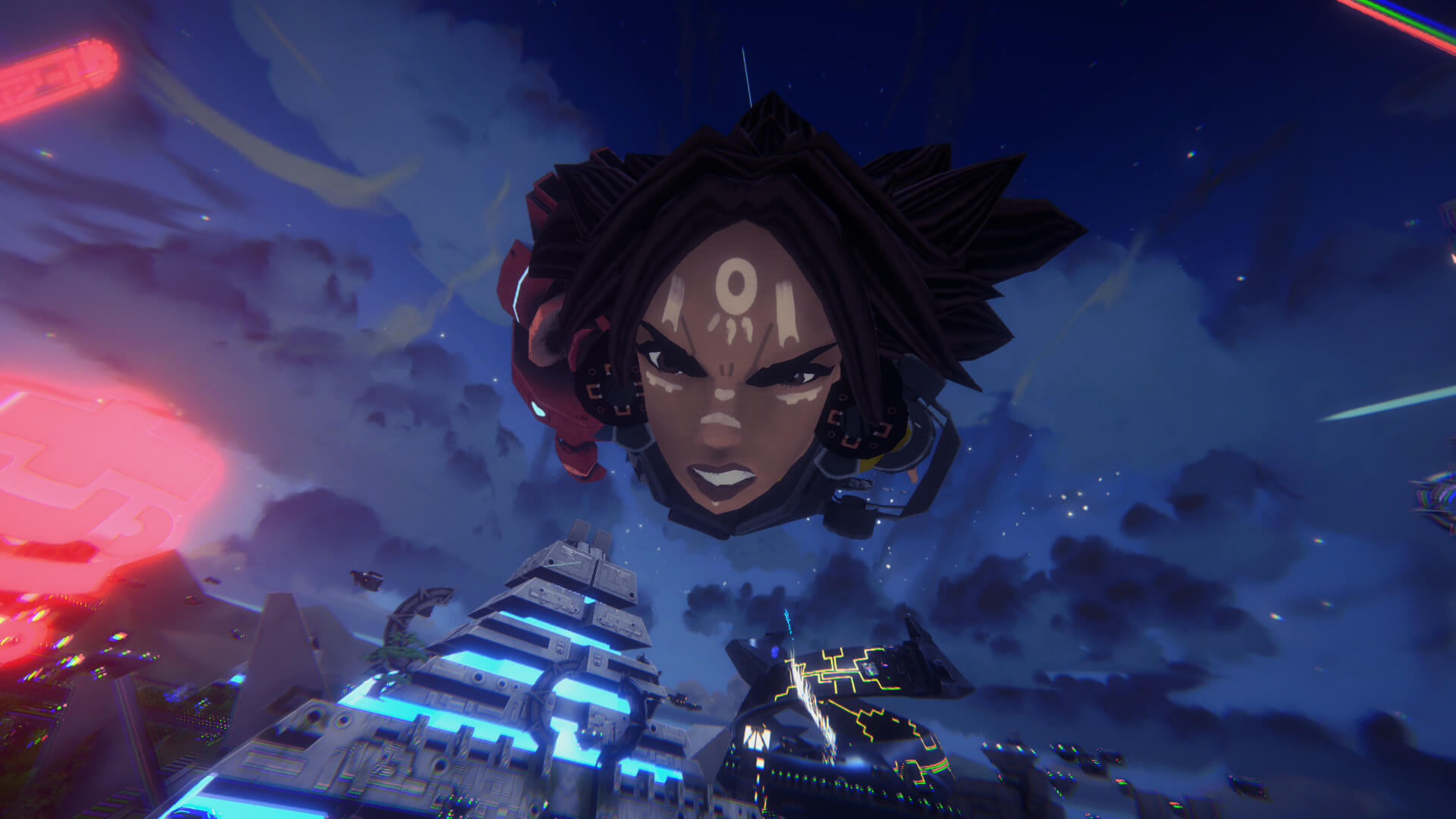 Achtli flying at top speed towards the ground, we see a close up of her face. The city skyline is visible on the background. It's night time.