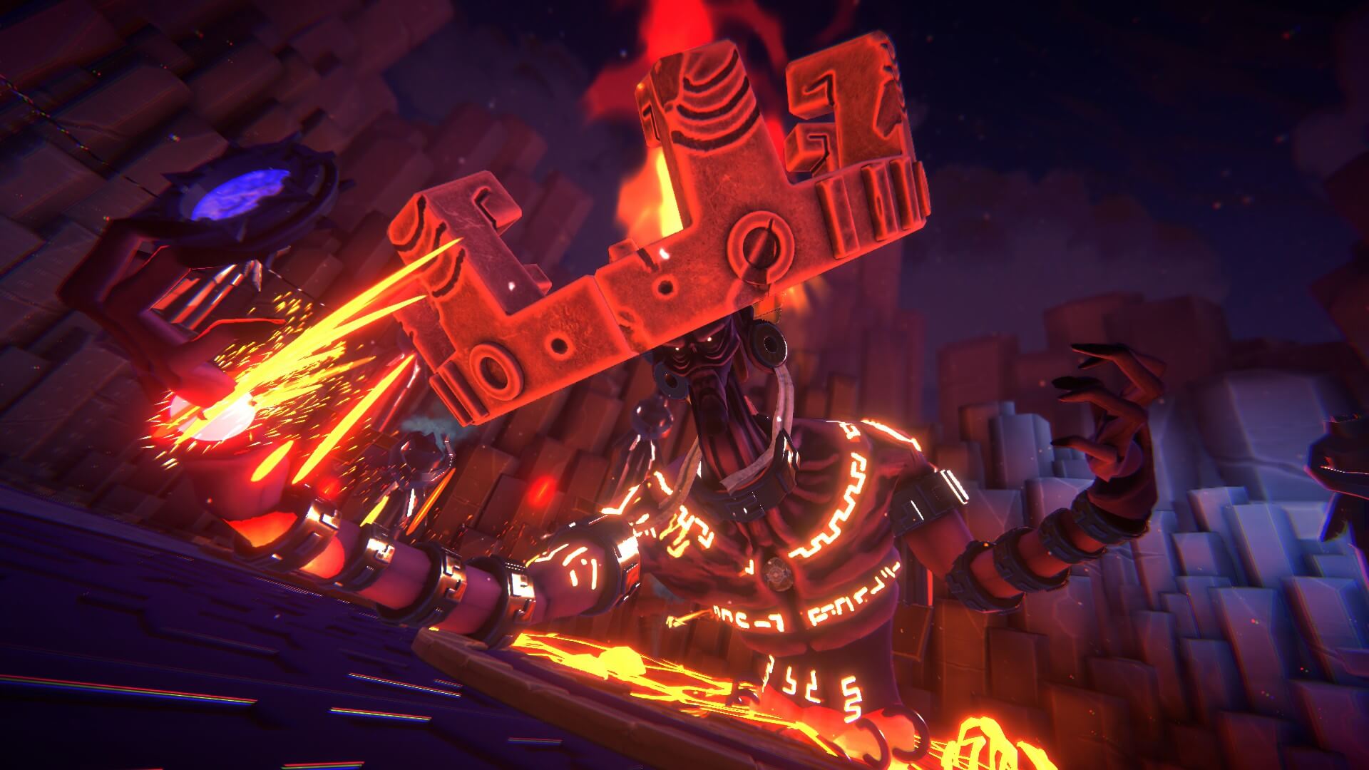 Achtli poses in front of a giant skeleton wearing an eerie mask.