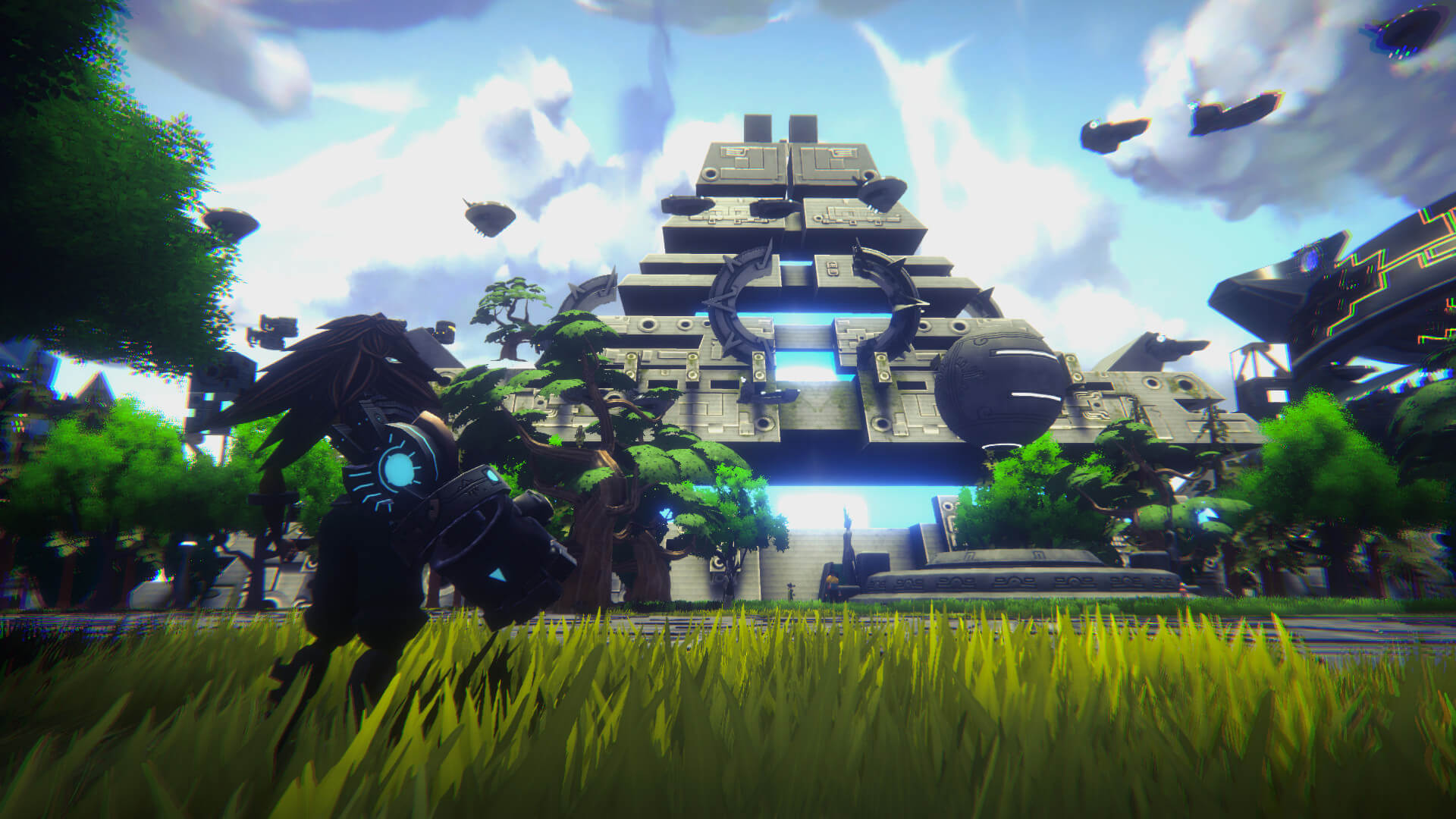 Achtli stands overlooking a mysterios sphere in the middle of a crater-like structure.