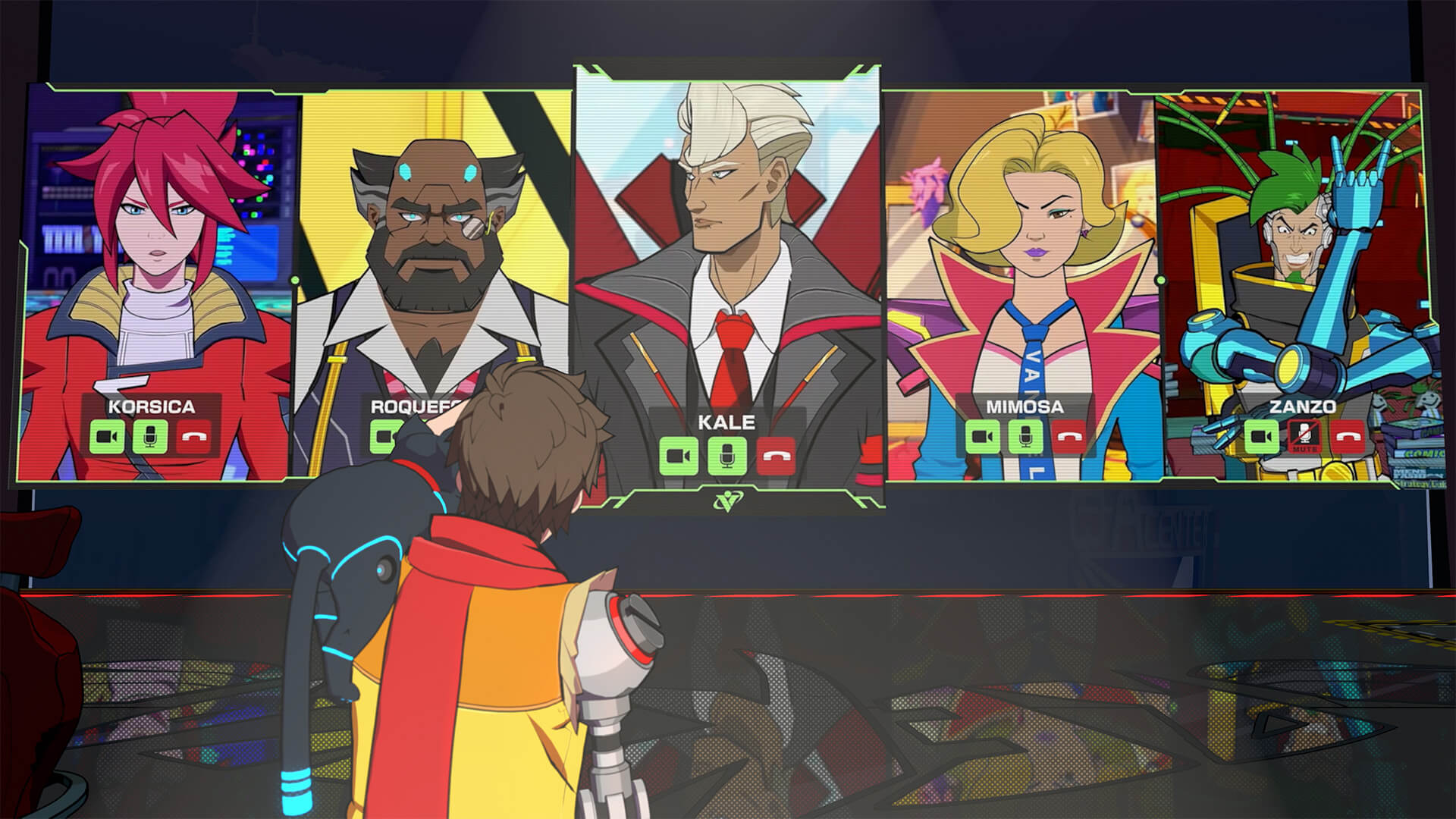 The main character, Chai, has a bionic arm, a red scarf, and scruffy brown hair with a bionic black cat on his shoulder. He faces a screen with a video call with Korsica, Roquefort, Kale, Mimosa, and Zanzo.