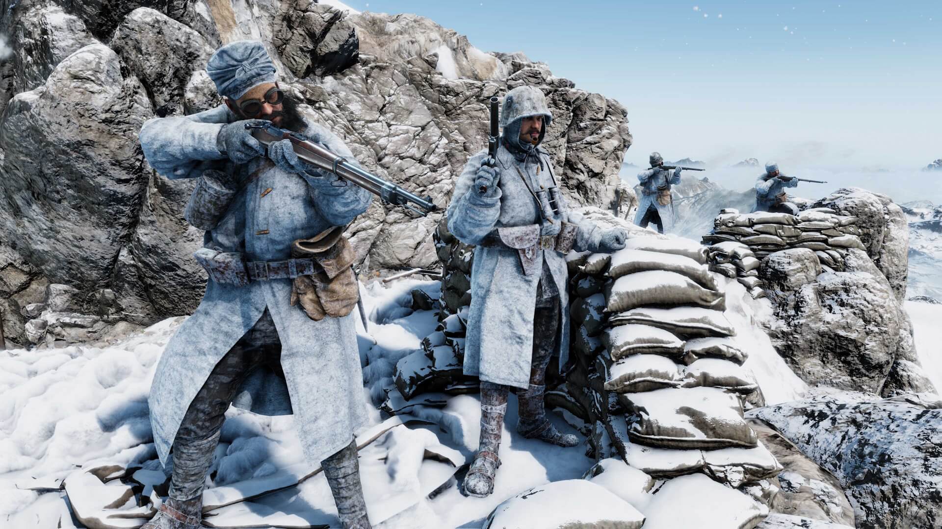 Soldiers wearing white great coats and headgear stand behind snow dusted sandbags