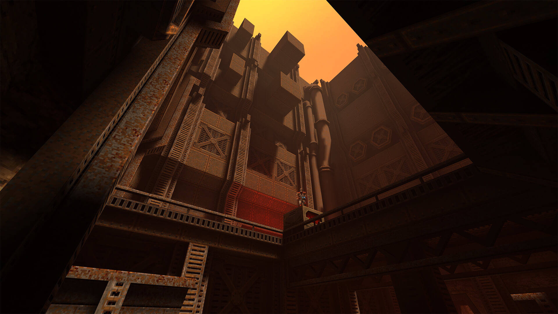 Looking up through tall warehouse walls to see a small patch of colorful sky. On a balcony, an enemy looks down at the player.