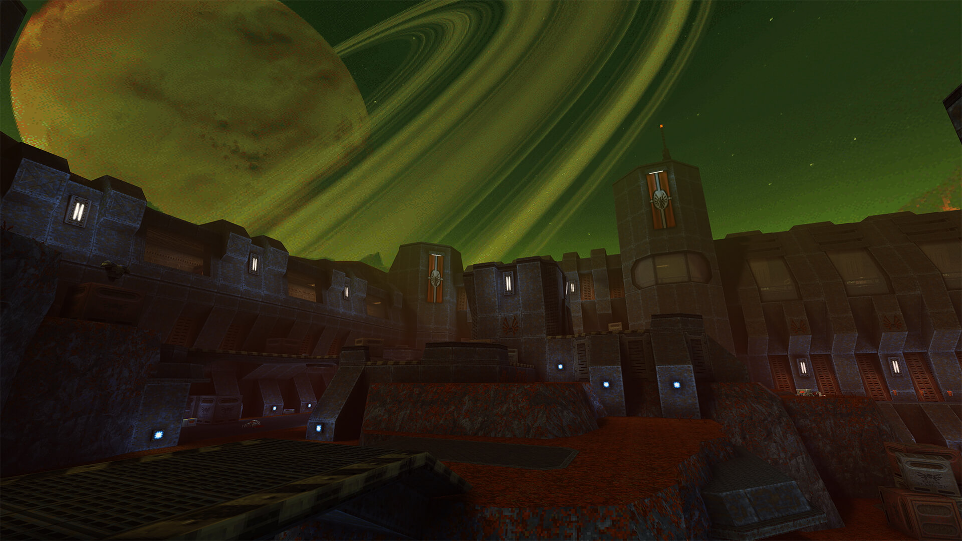 A fortress with orange banners. A large planet with rings looms in the sky.