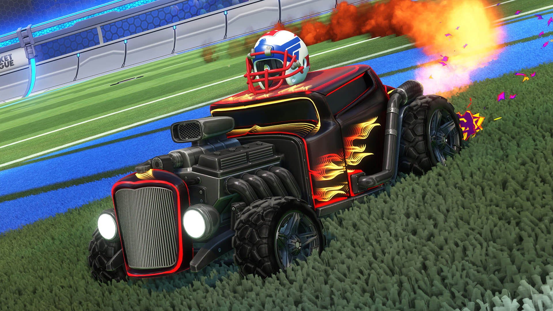 Close Rocket League car view used to compare a tight camera with a more readable distance setting