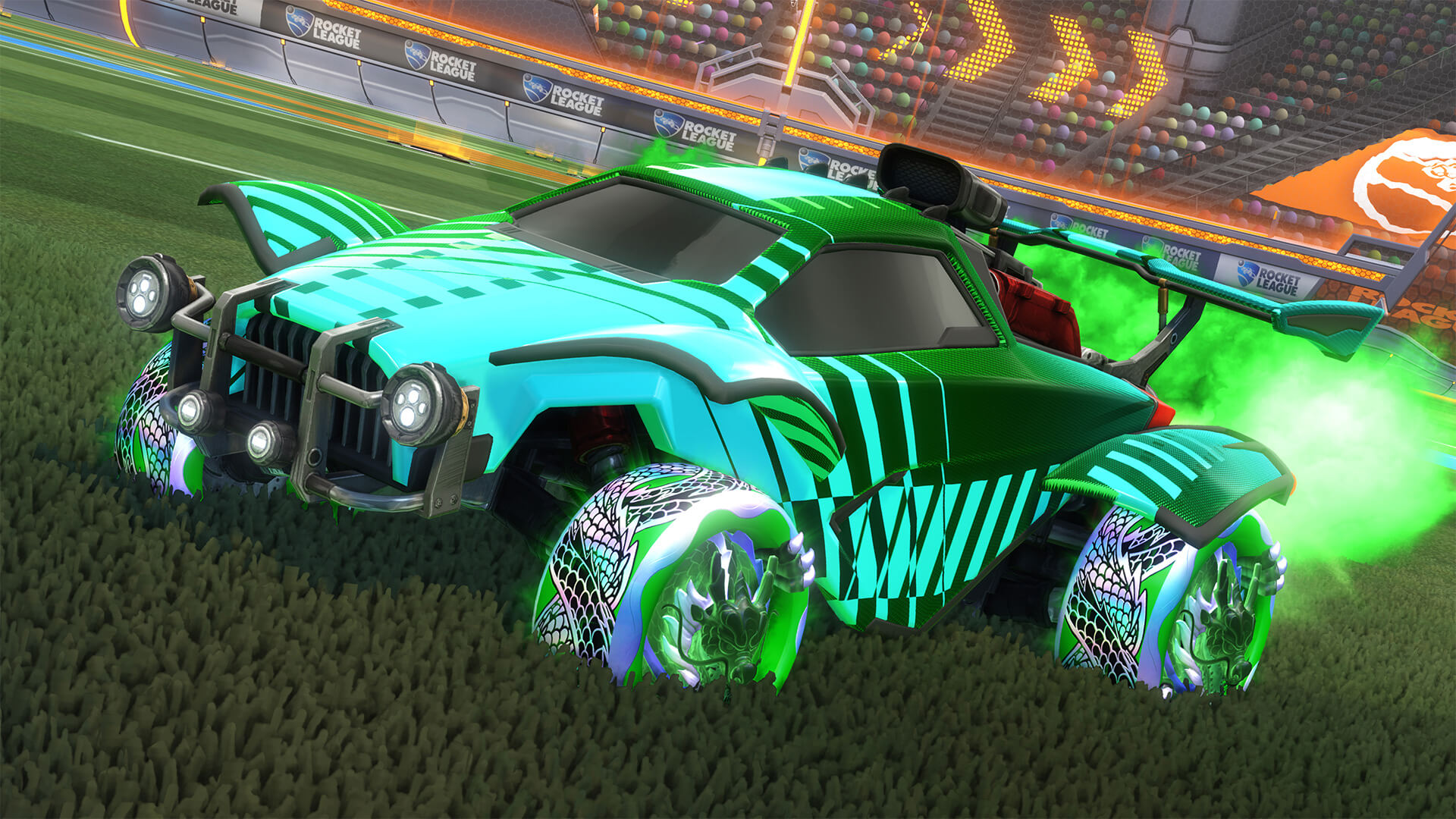Rocket League car boosting across the field to explain vibration choices during acceleration