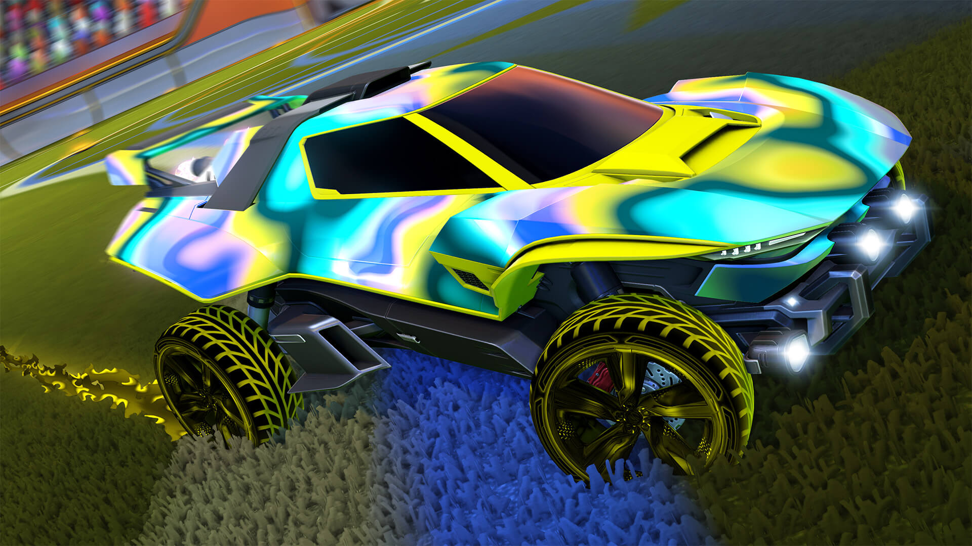 Official Rocket League car turning tightly on grass to illustrate why simple powerslide bindings matter on controller