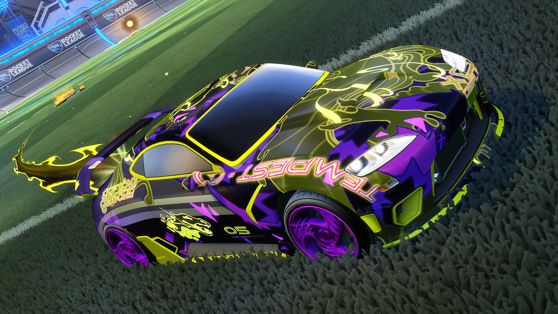 Rocket League car facing the ball to show a Free Play routine before ranked matches