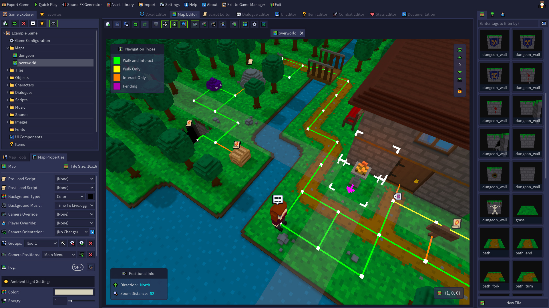 A screenshot of the Map Editor, showing the overworld map from the default example game.
