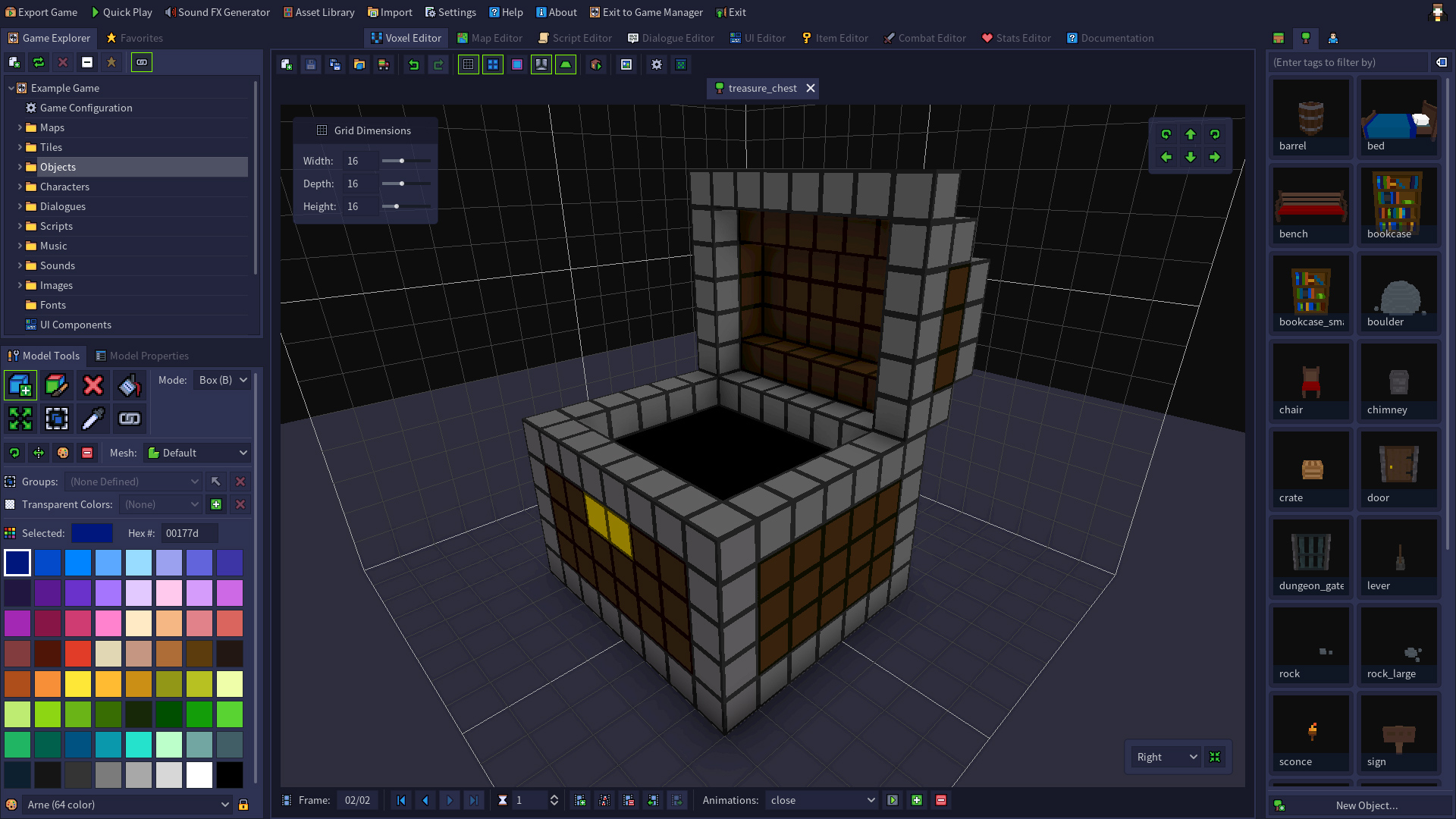 A screenshot of the Voxel Editor, showing a treasure chest from the default assets.