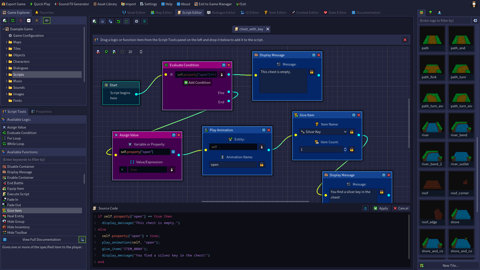 A screenshot of the Script Editor, showing a visual script that gives a silver key to the player.