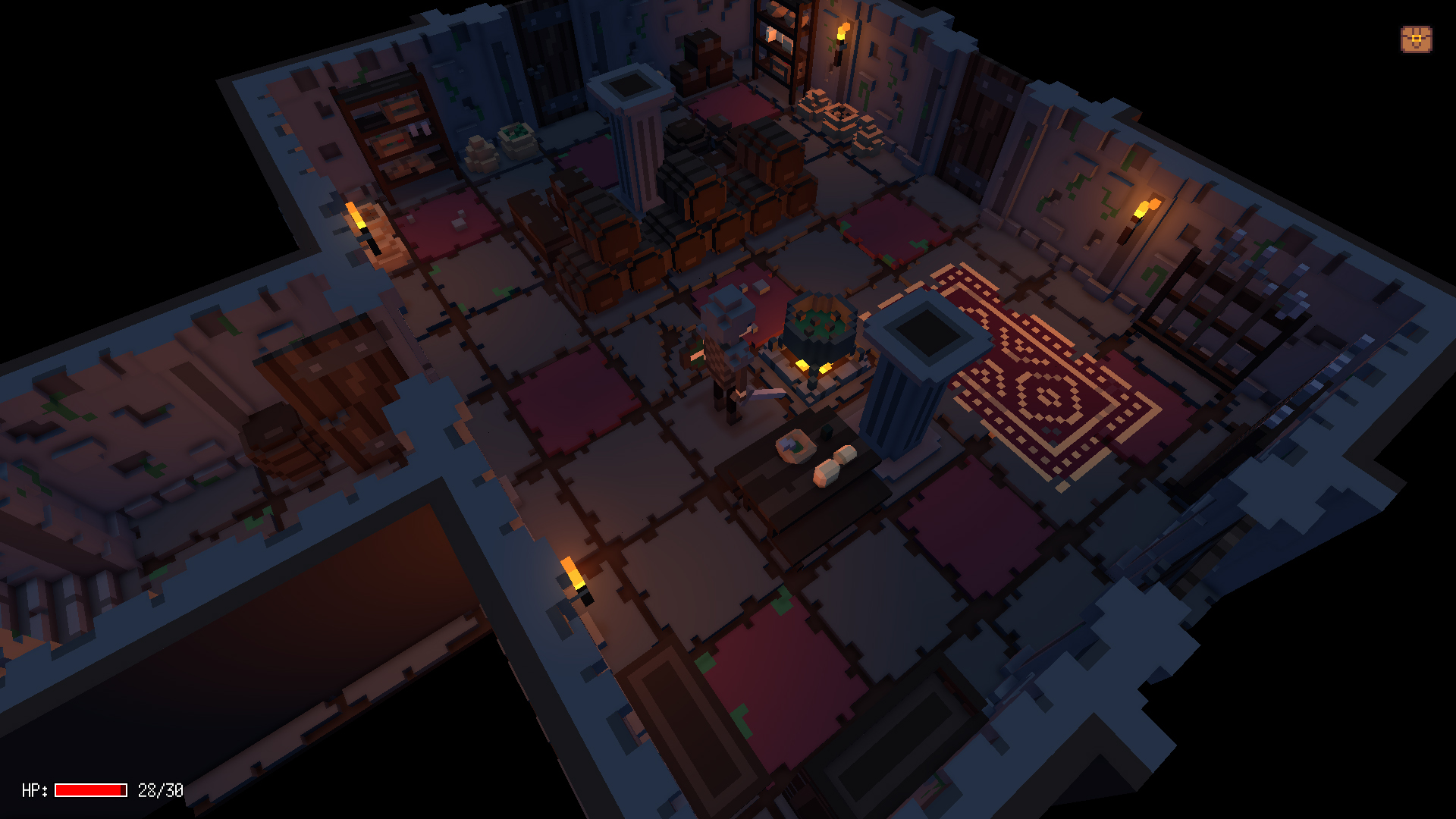 A dimly lit room from a medieval-style game made with RPG in a Box.