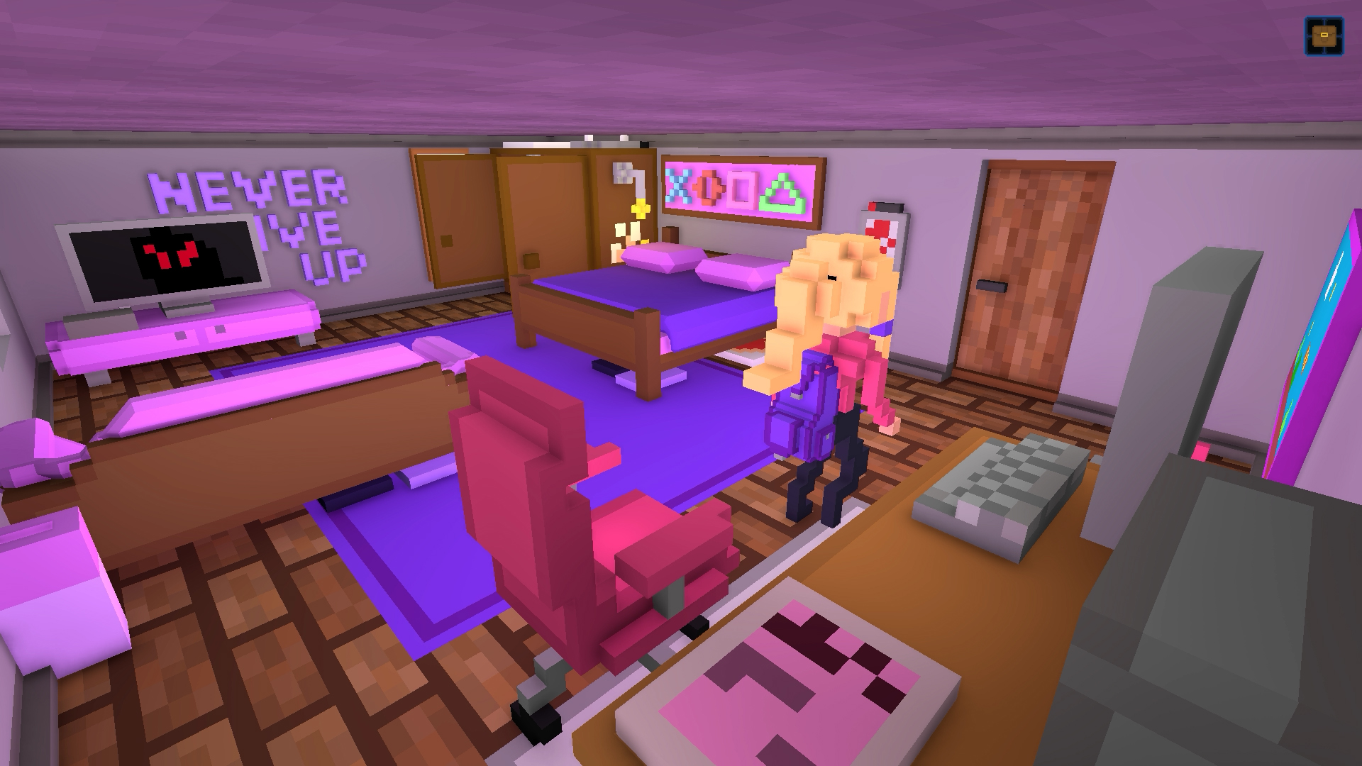 A pink bedroom scene from an untitled game made with RPG in a Box.