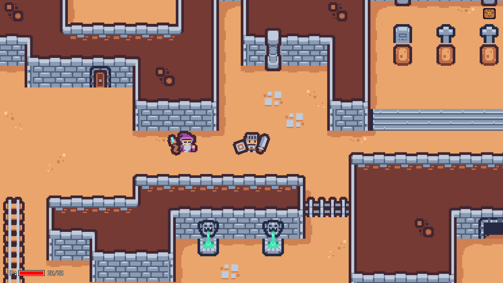 An in-game image from a 2D demo game made using Kenney's Tiny Dungeon asset pack.