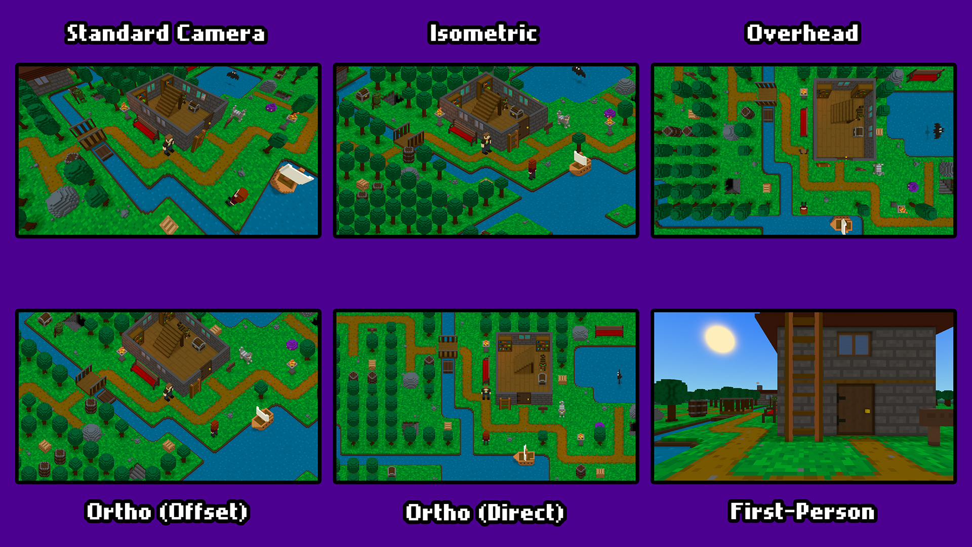 Images showing several camera options, including isometric, overhead, and first-person.