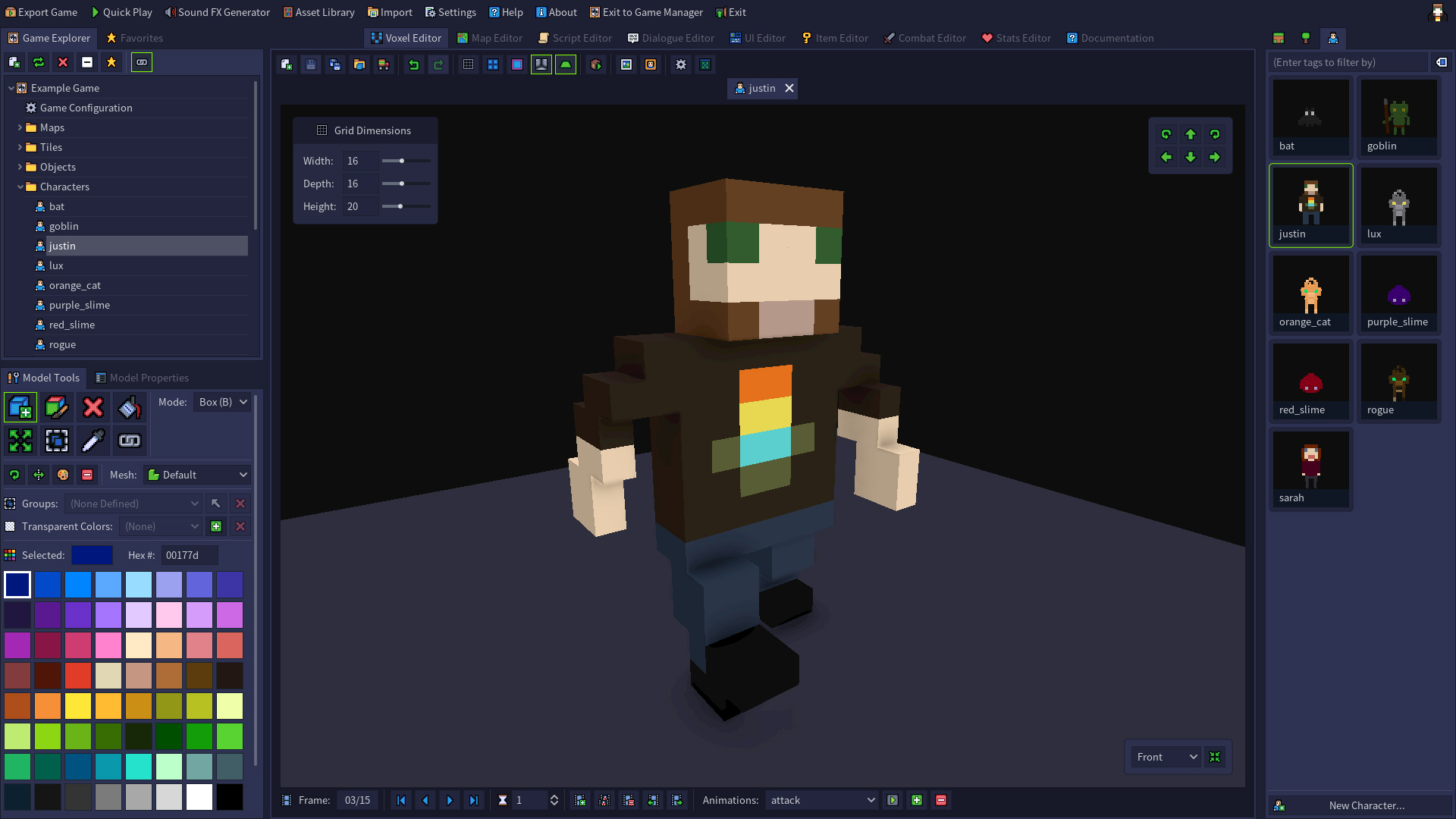 A screenshot of the Voxel Editor, showing the Justin character from the default assets.