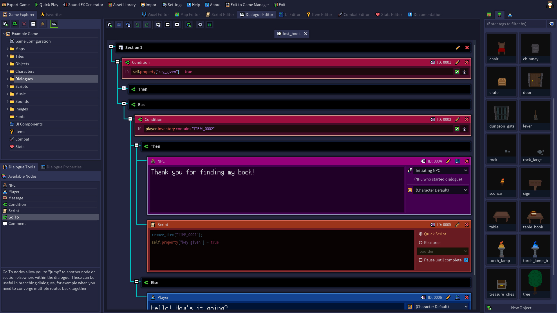A screenshot of the Dialogue Editor, showing a dialogue from the default example game.