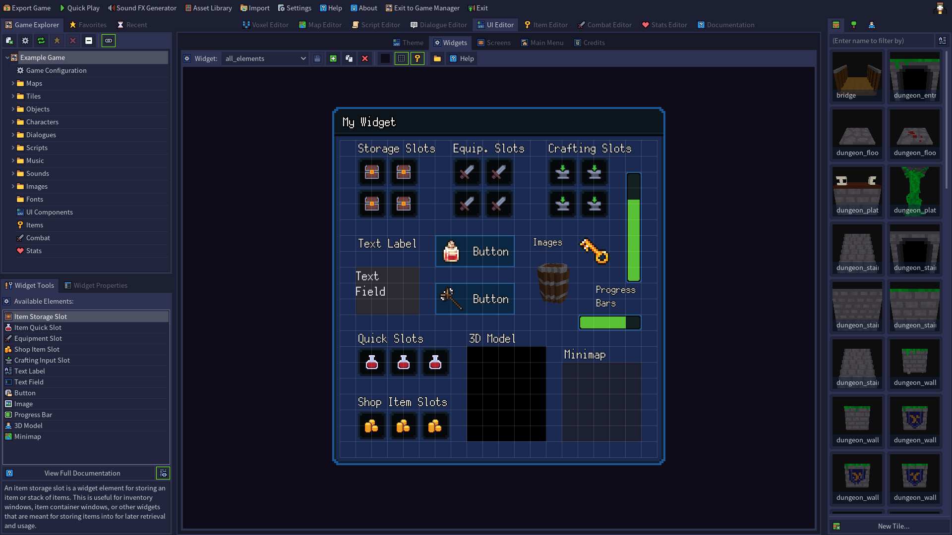 A screenshot of the Widget Editor, showing a widget with various slots, buttons, text, etc.