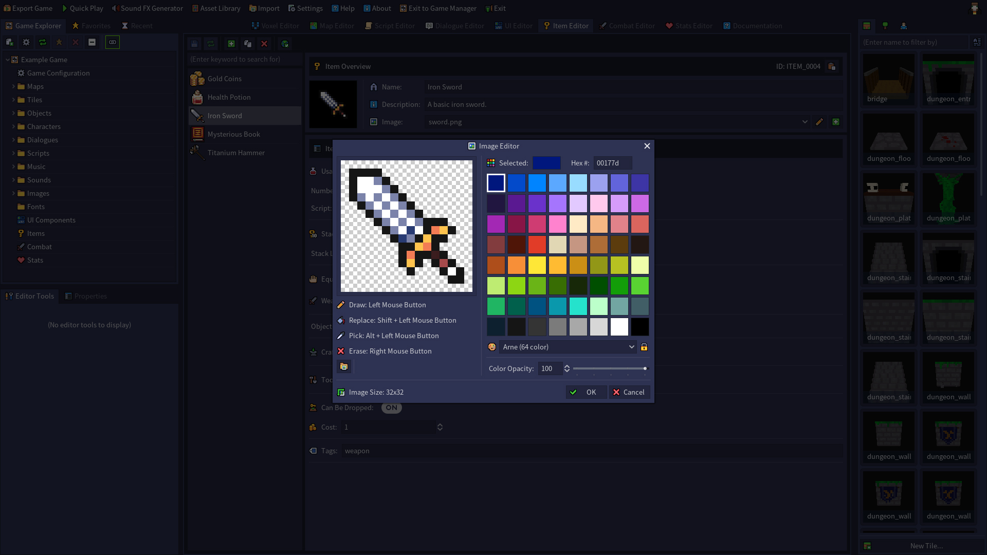 A screenshot of the Item Editor, showing the icon for a sword being edited.