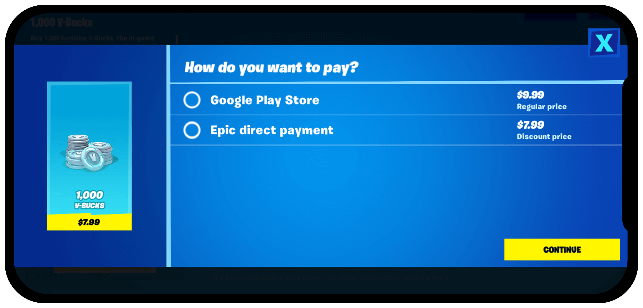 Epic direct pay on Google Play Store