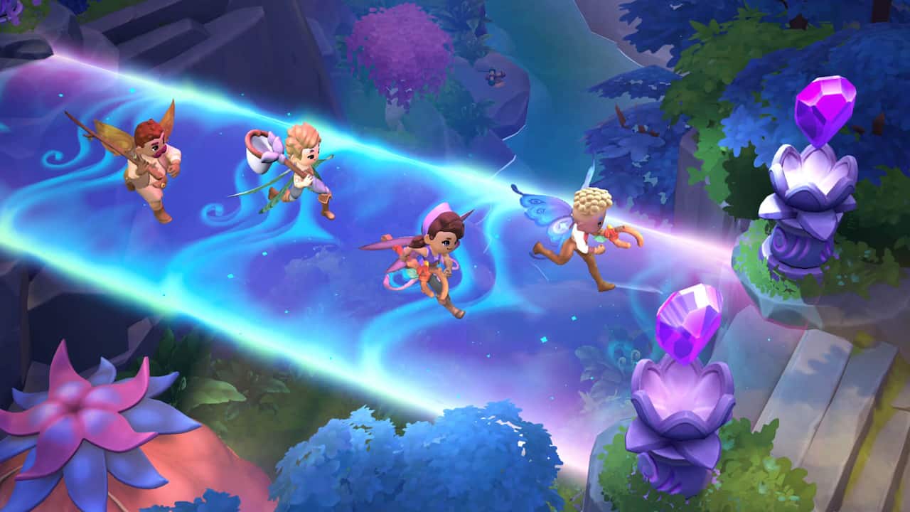 Four characters running across a glowing bridge in Fae Farm