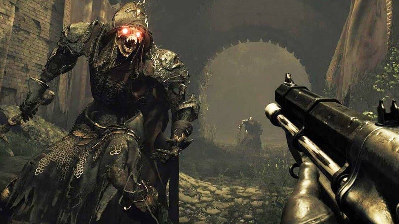 Witchfire screenshot with a threatening zombie-like character bearing down on the player, who is holding a shotgun.