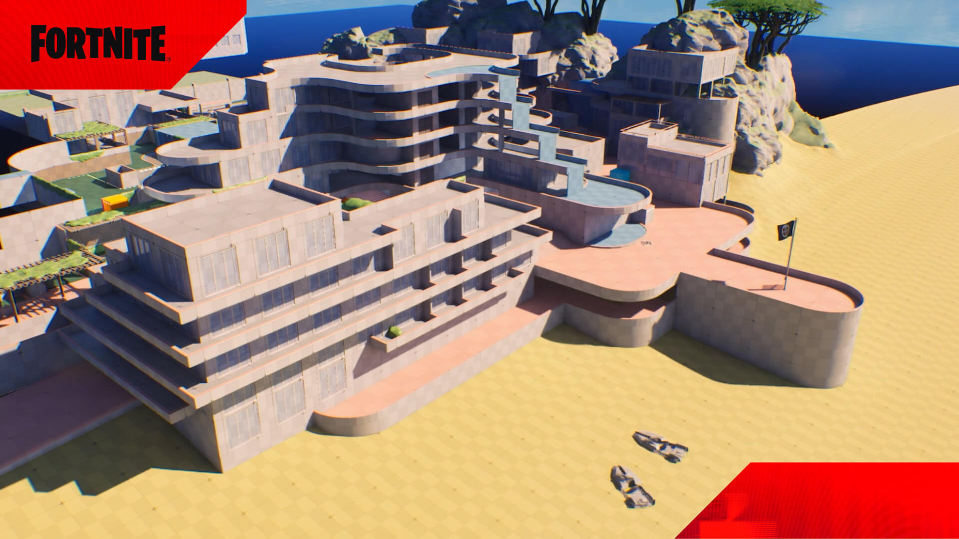 Fortnite Ballistic Storm Chaser Cove shell map showing beachside combat environment