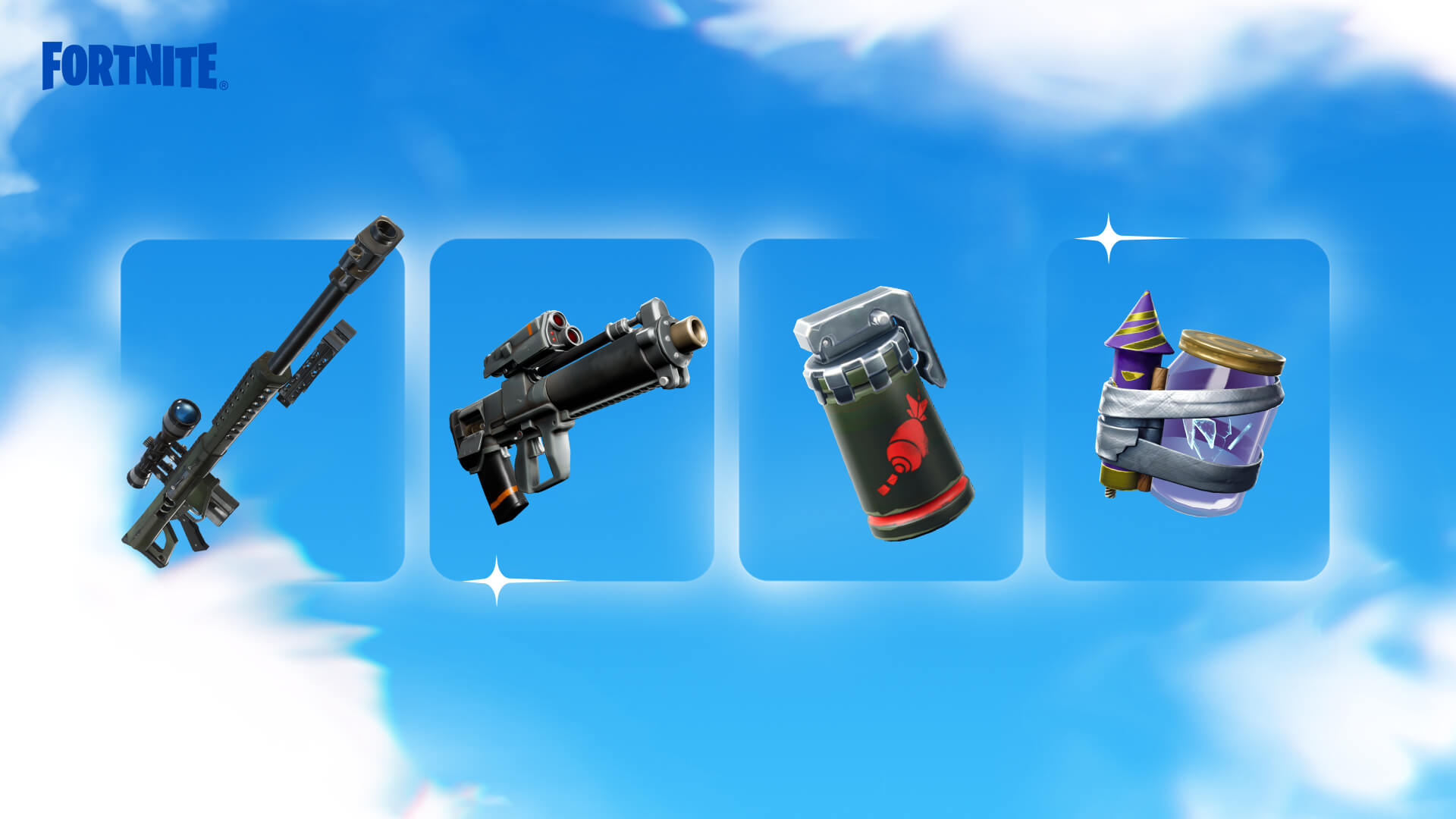 Fortnite OG's Heavy Sniper Rifle, Proximity Grenade Launcher, Air Strike, and Junk Rift