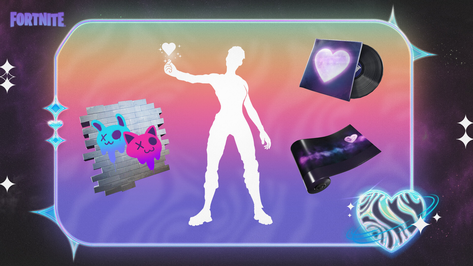 Fortnite Per Aspera ad Astra Wrap + Heart Sign Emote + I Am Fearless Lobby Track + Hop and a Wink Spray