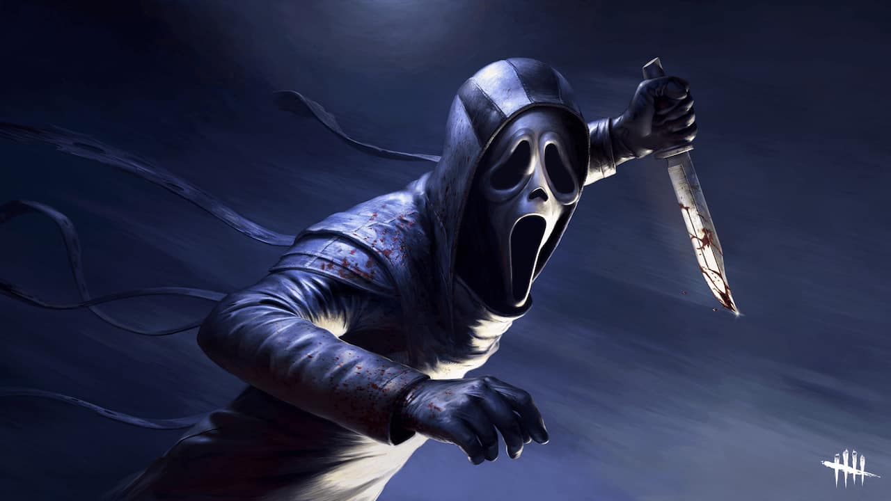Key art for Dead by Daylight showing four survivors threatened by looming shadowy killers.