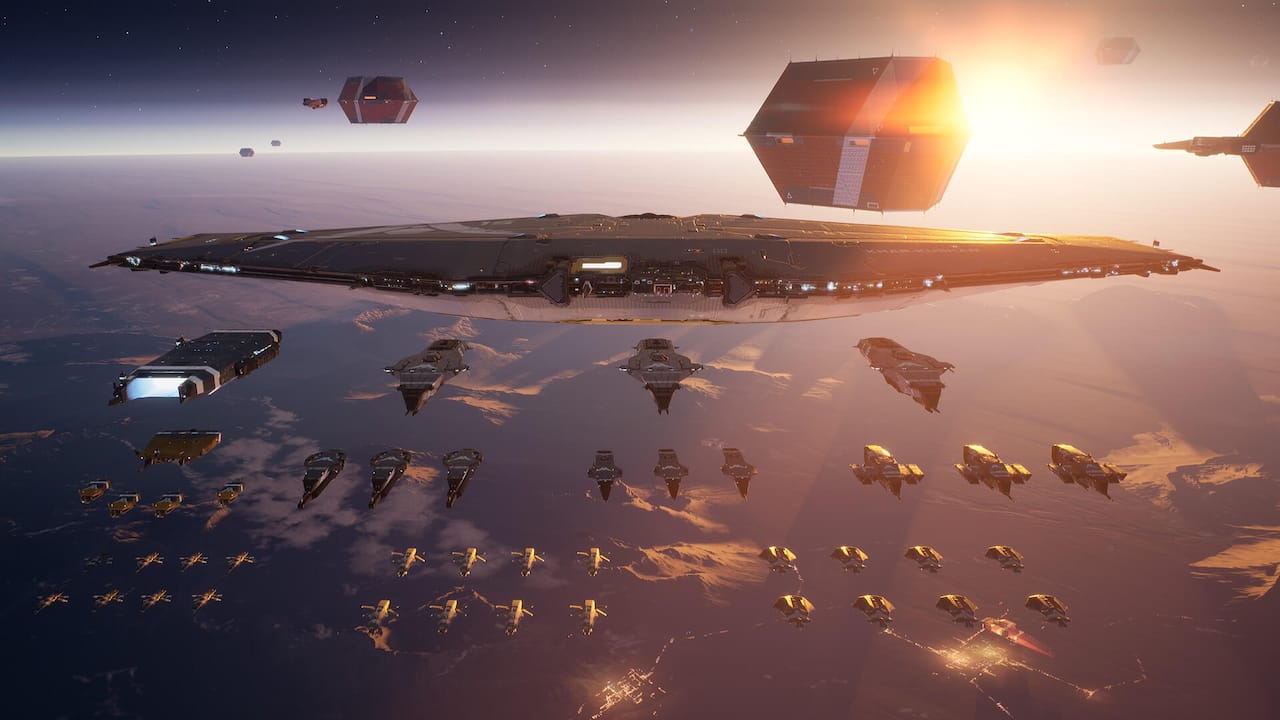A fleet of spaceships hovering over a planet and ready for war in Homeworld 3