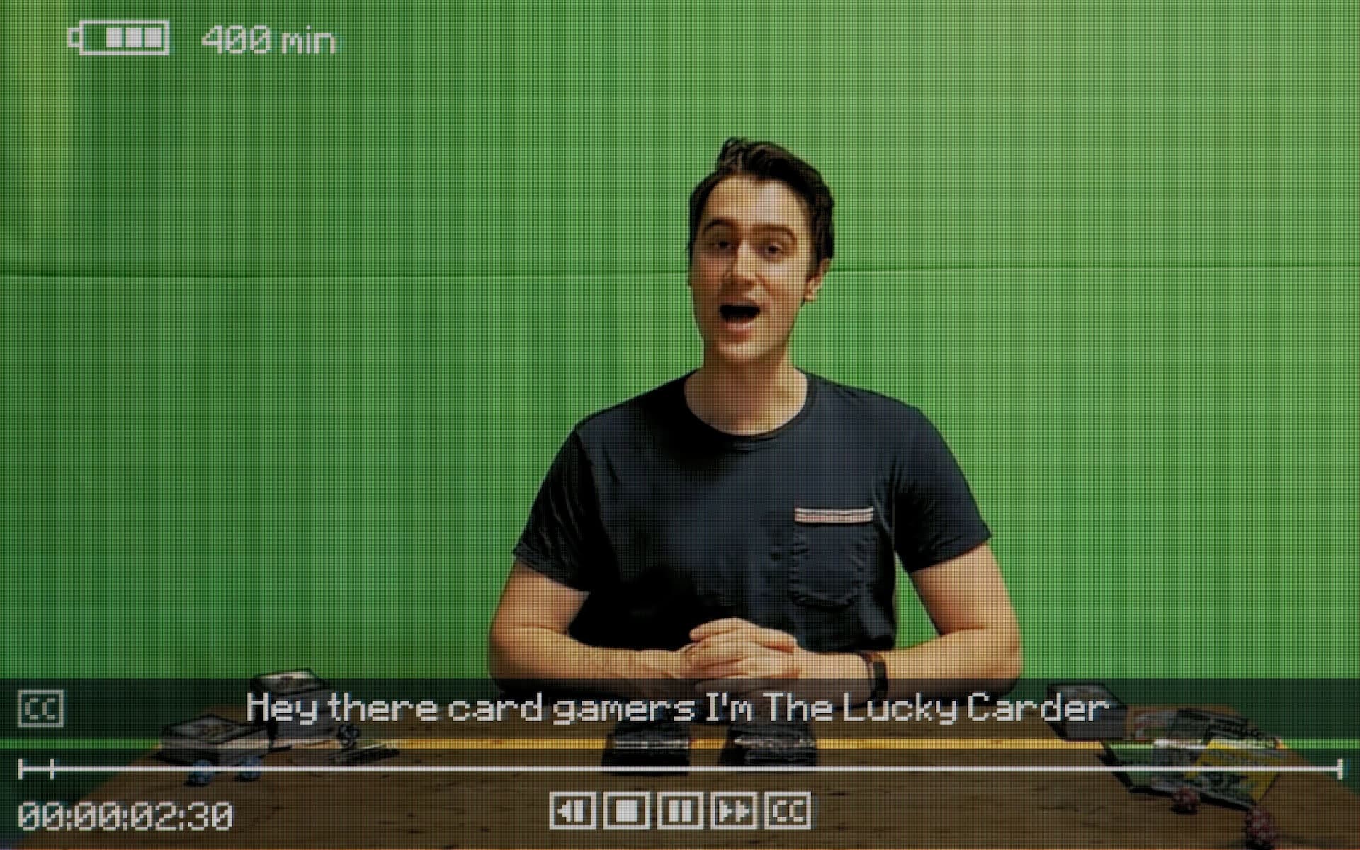 Screenshot of The Lucky Carder in Inscryption, a faux-YouTuber on a green screen background.