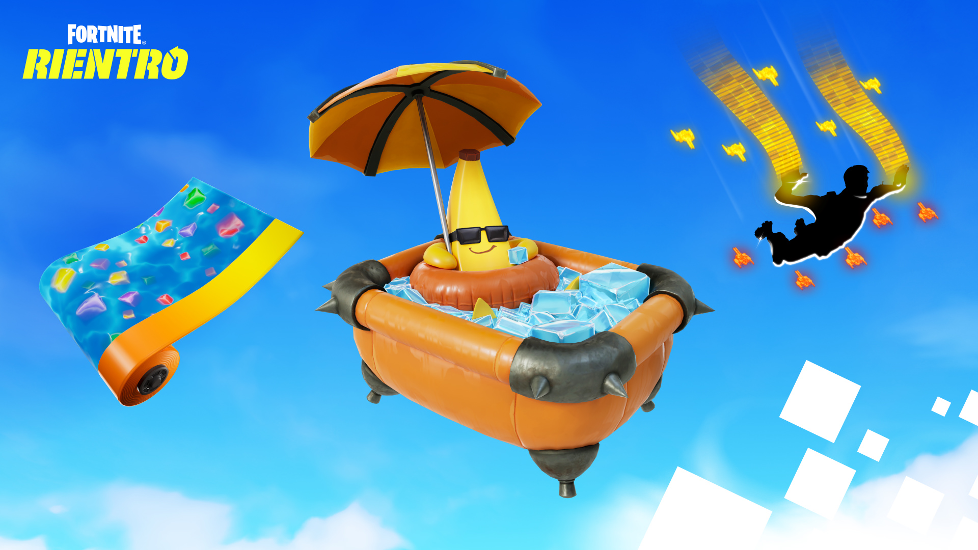 Fortnite Pool Cubes Wrap, NaNa Bath Back Bling, and Digital Dogfight Contrail