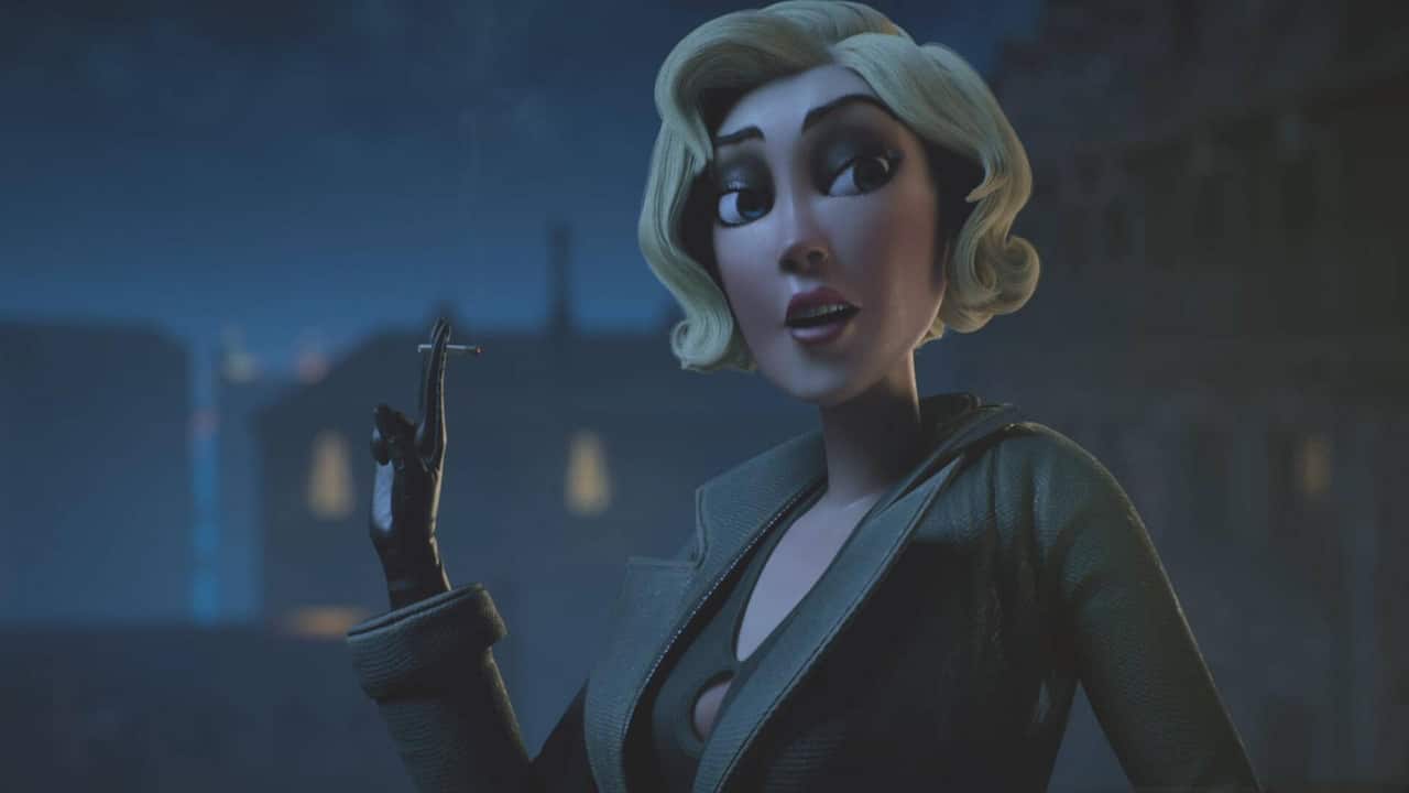 A blonde woman smokes a cigarette while looking at the player in this screenshot from The Lamplighters League.