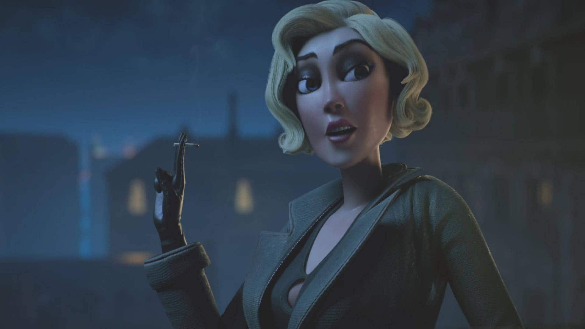 A blonde woman smokes a cigarette while looking at the player in this screenshot from The Lamplighters League.