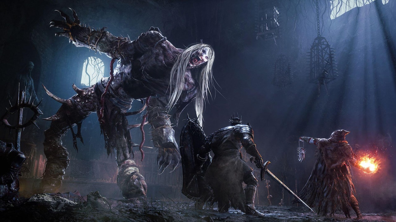 Screenshot from Lords of the Fallen showing two warriors facing off against a towering monster.