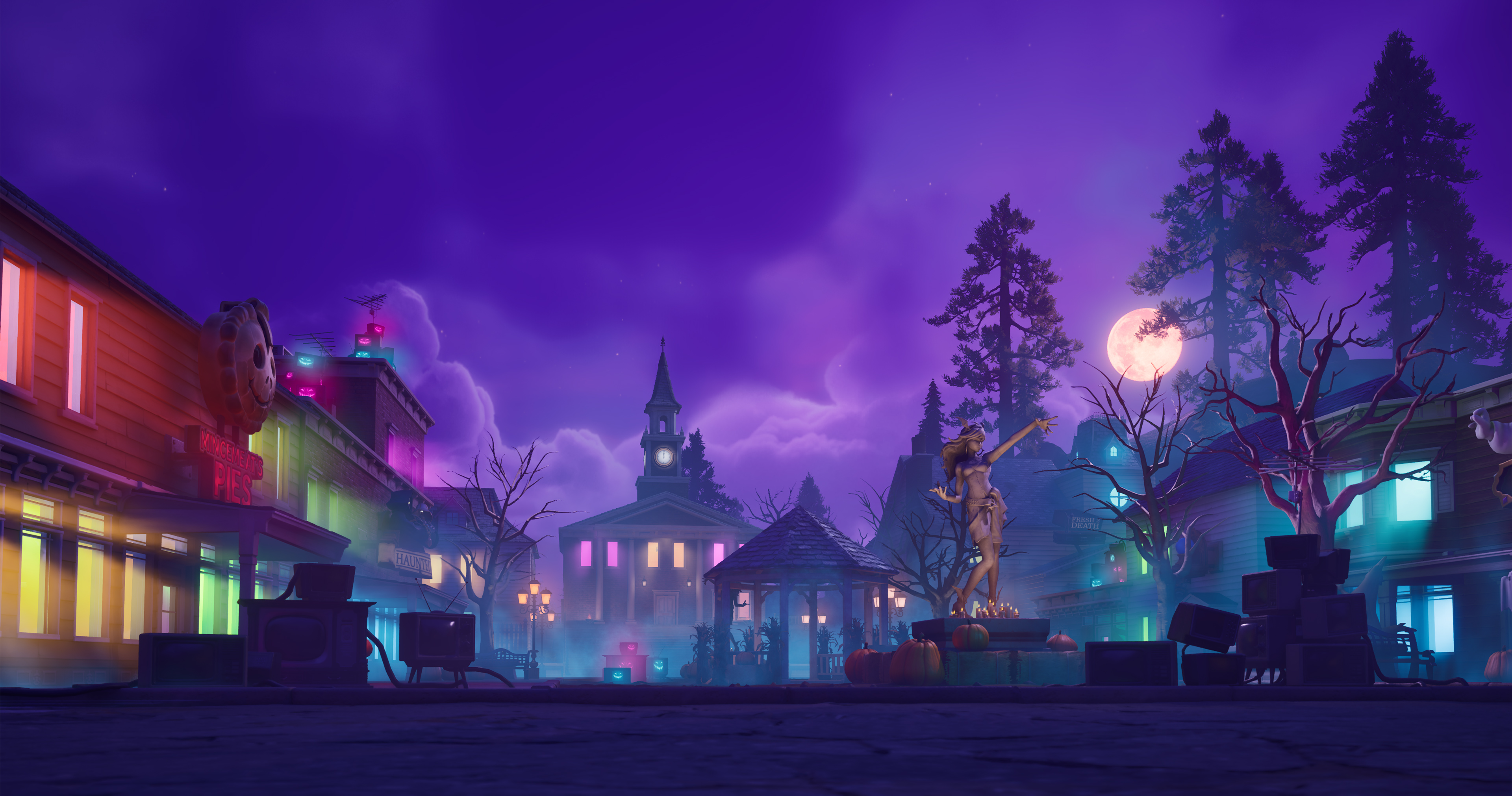 Fortnitemares 2026 lobby screen showing the Halloween-themed town square