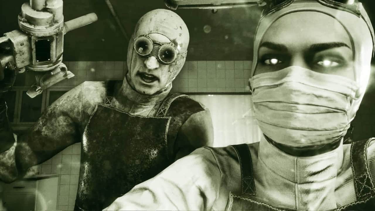 A screenshot from The Outlast Trials showing two ominous scientists giving the player an evil look.