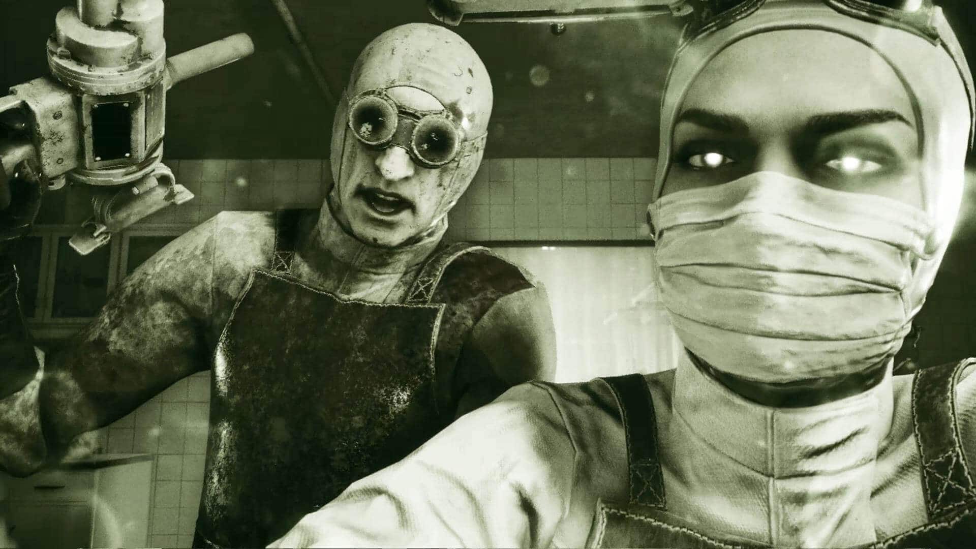 A screenshot from The Outlast Trials showing two ominous scientists giving the player an evil look.
