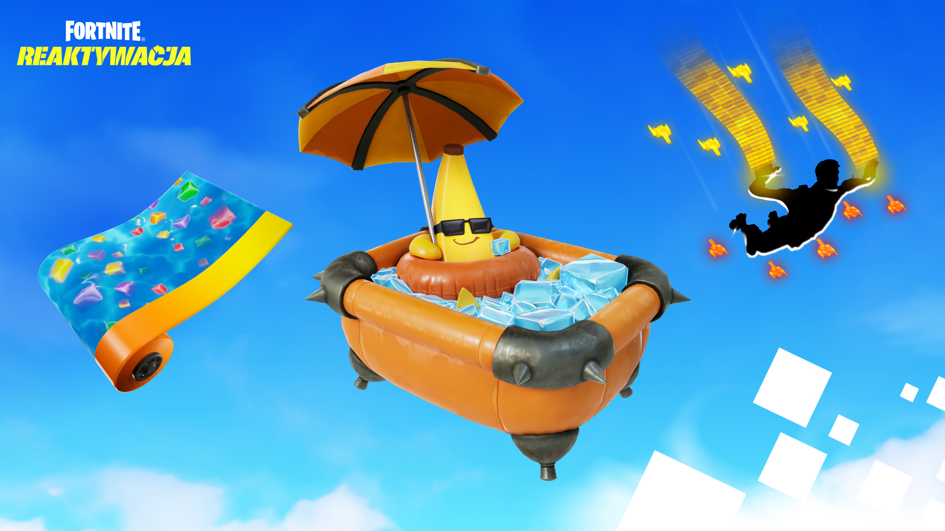 Fortnite Pool Cubes Wrap, NaNa Bath Back Bling, and Digital Dogfight Contrail