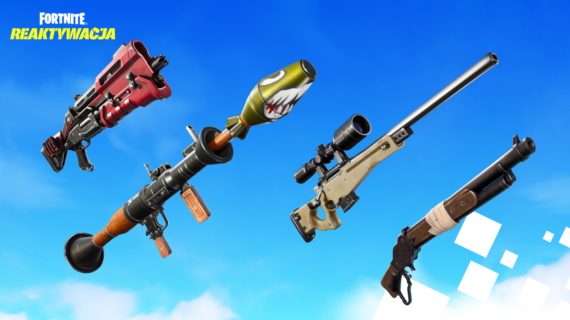 Fortnite Tactical Shotgun, Rocket Launcher, Bolt-Action Sniper Rifle, and Lever Action Shotgun